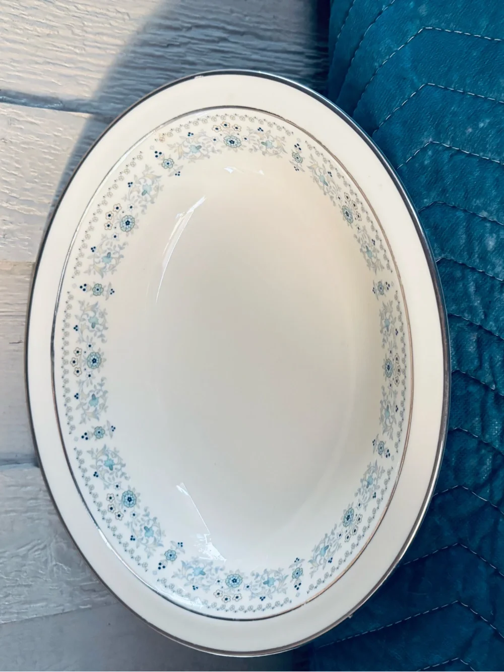 White Ceramic Serving Platter with Blue Floral Trim